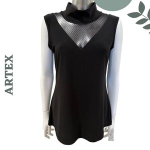 Artex Fashions Black Sleeveless Top with Lace Detail Mock Neck Detail Medium